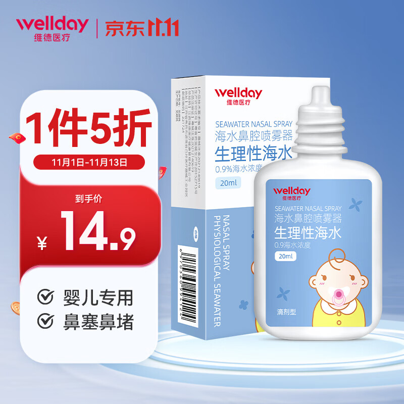 WELLDAY 维德 等渗生理盐水婴儿洗鼻喷雾剂20ml 14.9元