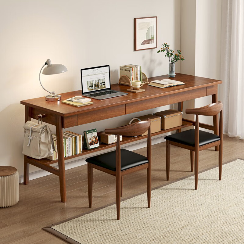 锦需 双人纯实木书桌电脑桌台式家用学习桌带抽屉长条桌办公桌子工作台 18