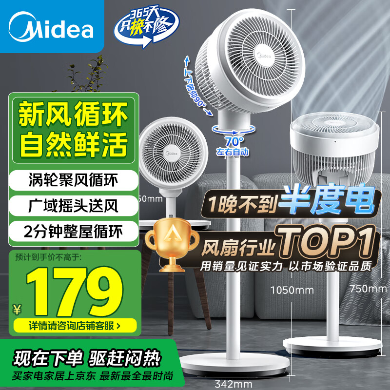 美的 劲风循环 FGA24TQ 轻音空气循环扇 143.96元