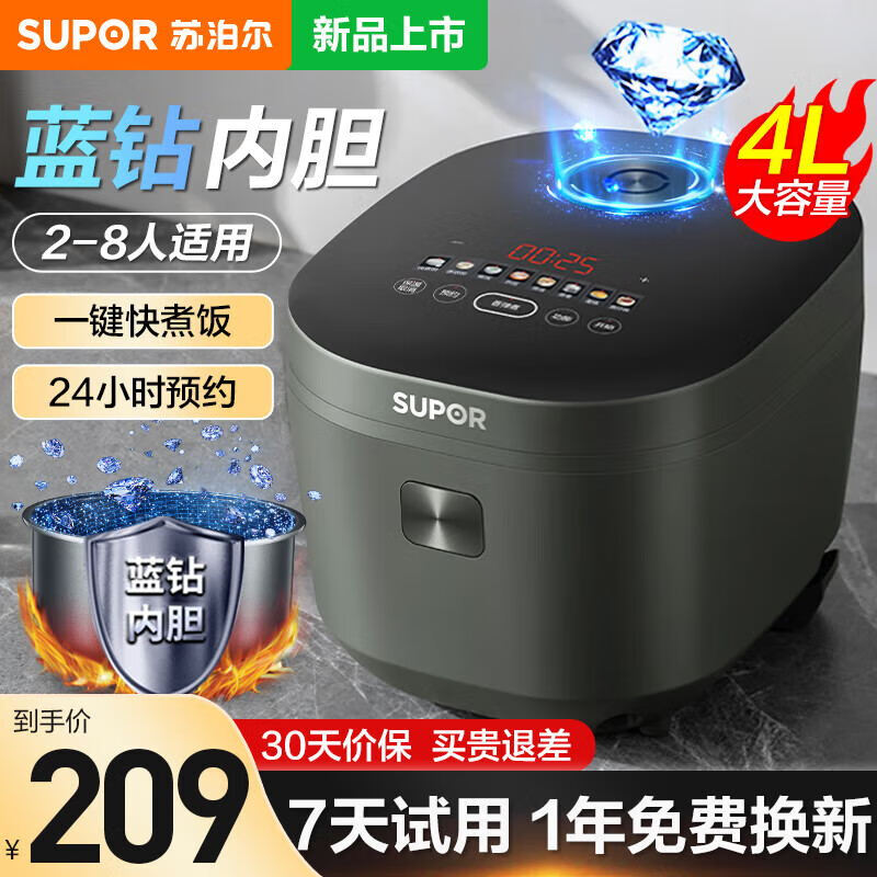 SUPOR 苏泊尔 电饭煲4L家用2-3-4-8人小型迷你电饭锅煮饭锅 SF40FC871 4L 189元