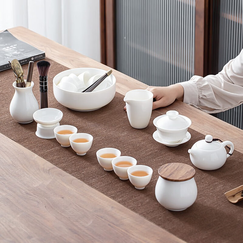 苏氏陶瓷 SUSHI CERAMICS）羊脂玉白瓷功夫茶具套装家用盖碗泡茶壶茶洗茶叶罐