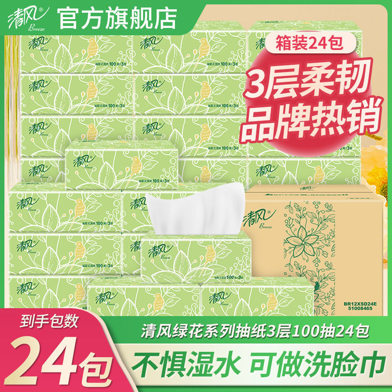 Breeze 清风 绿花抽纸整箱装 3层100抽*24包 25.3元（需买3件，需用券）