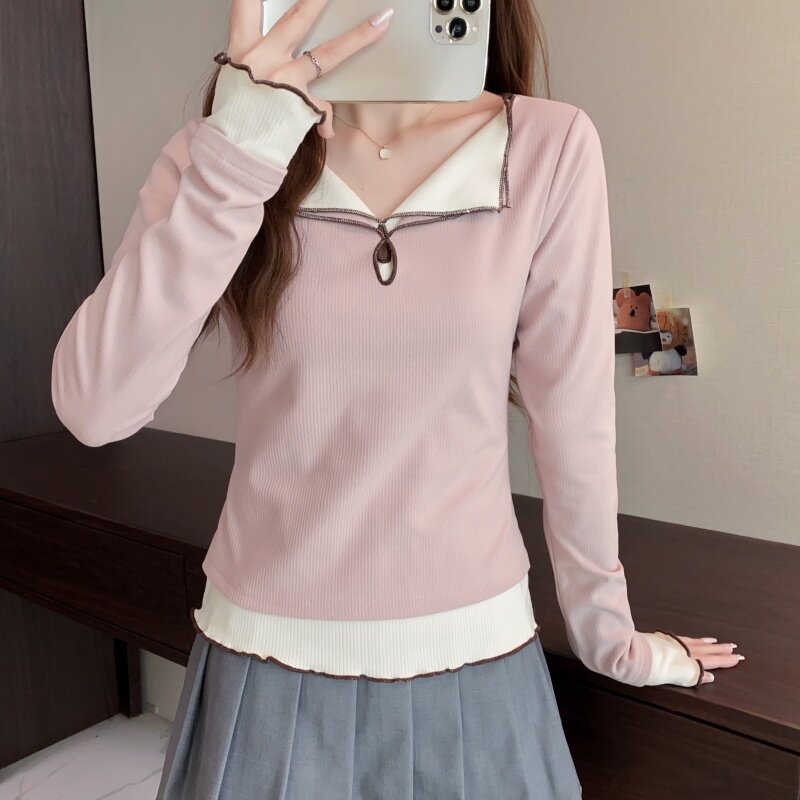 莱可柔 韩系少女假两件拼接长袖T恤 1-4669# 79.9元