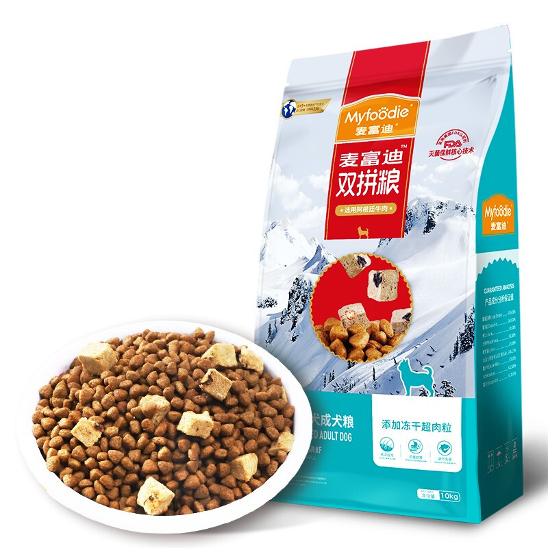 麦富迪 狗粮 超肉粒冻干双拼泰迪柯基博美全价成犬粮10kg 195元