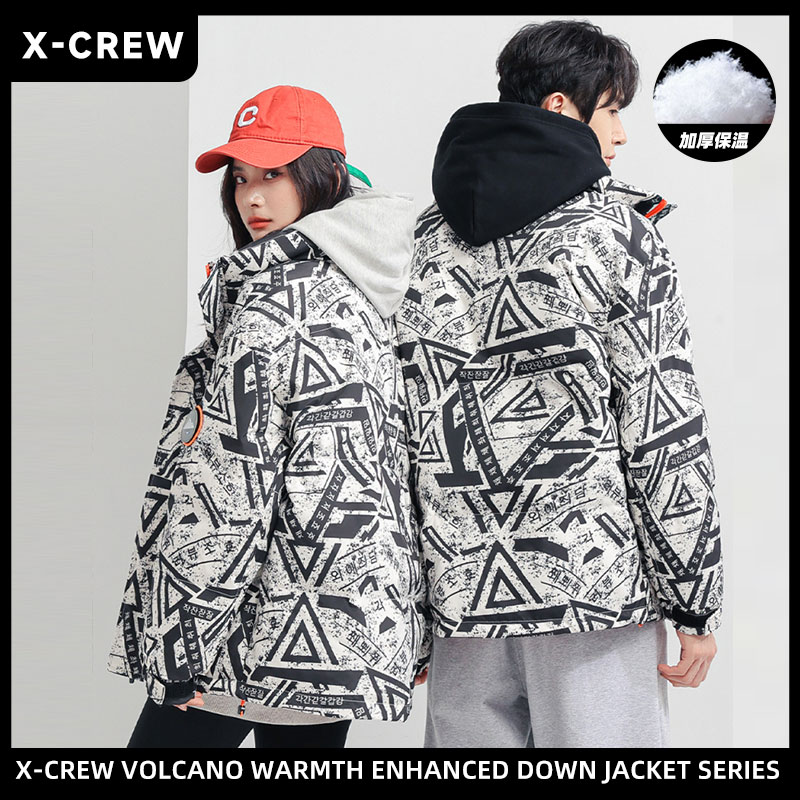 X-Crew秋冬季羽绒服冬男女同款黑白拼色印花情侣潮流保暖外套TBB 99元（需用