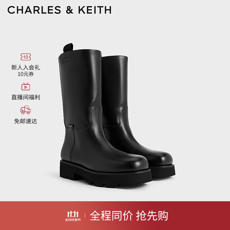 CHARLES & KEITH CHARLES&KEITH24秋季圆头直筒骑士靴厚底中筒靴CK1-90920140 Black黑色 41