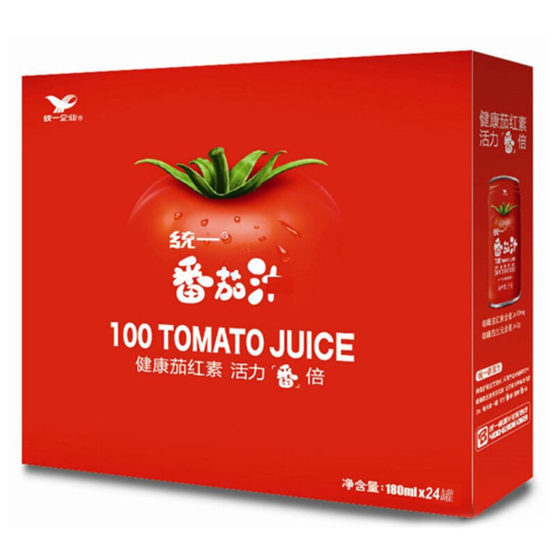 统一 100%番茄汁 0脂 精选新疆番茄 浓缩还原180ml*24罐 86元