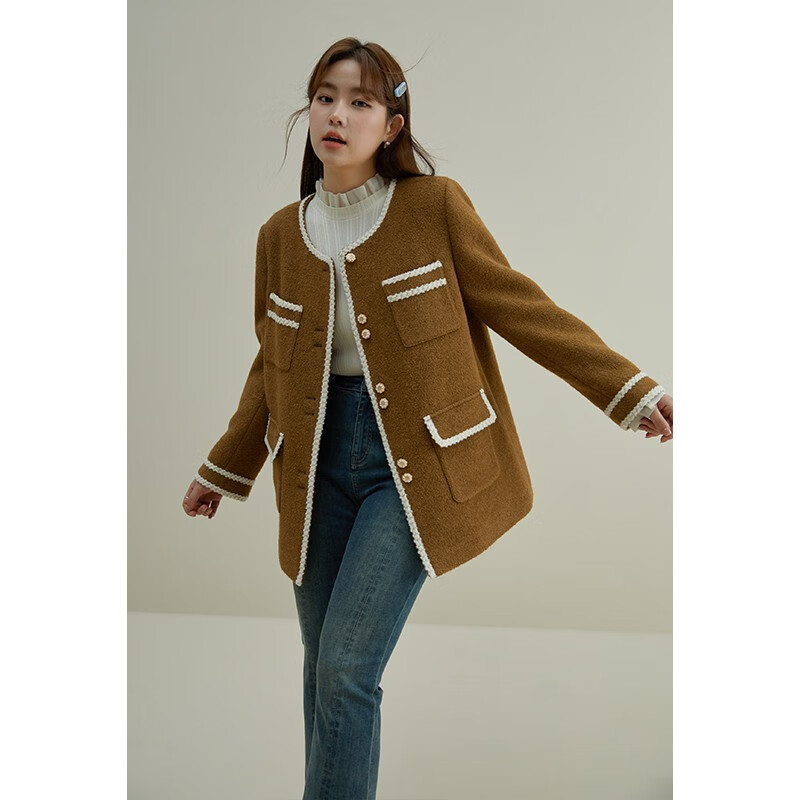 独束 大码女装复古优雅小香风毛呢外套女冬装圈圈呢料羊毛呢大衣 金棕色 M