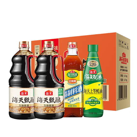 PLUS会员、需首购 : 海天 省心购礼盒 甄酿生抽1.5kg*2+蚝油520+料酒800ml 拍7件 