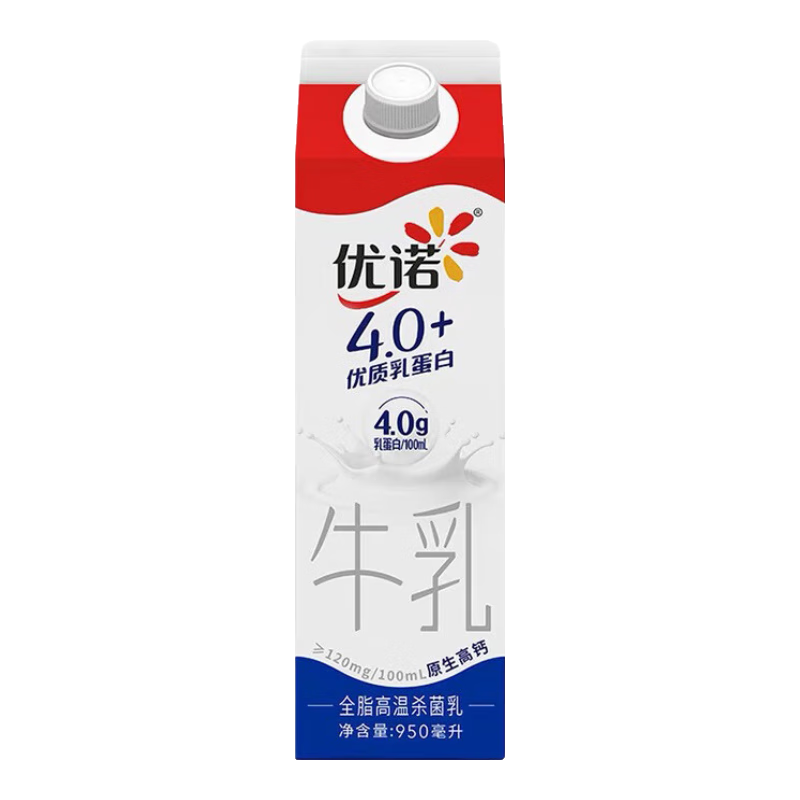 plus会员、需首购、概率券:优诺（yoplait）全脂低温牛奶950ml/盒 4.0+优质乳蛋