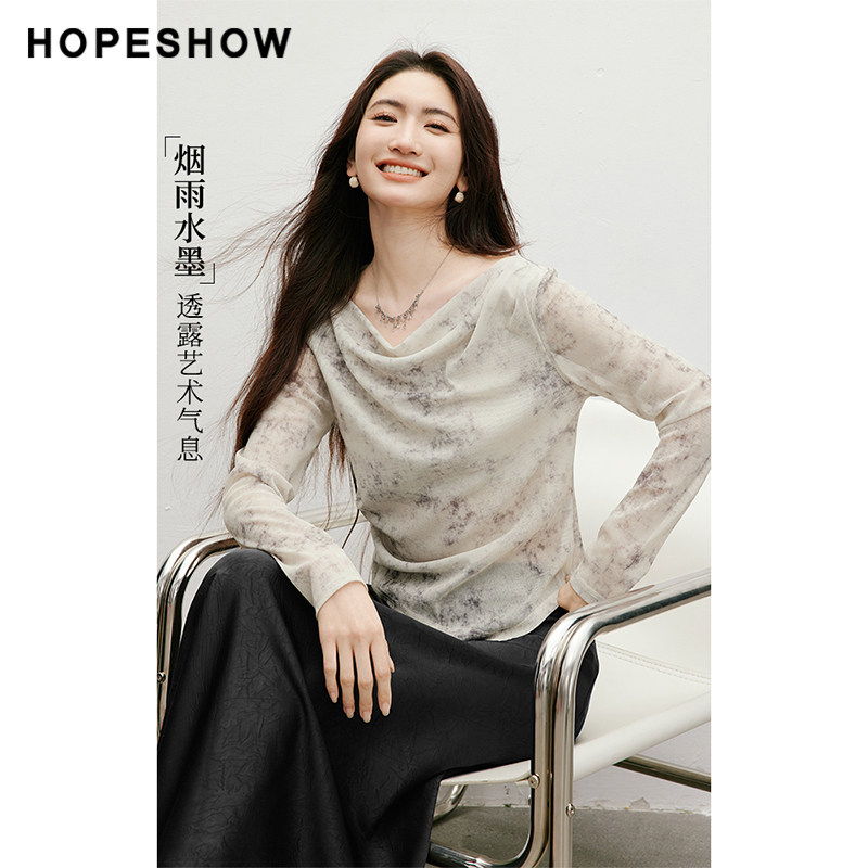 红袖 烟雨水墨 女士不规则荡领套头网纱上衣 90225090205 87.16元（需用券）