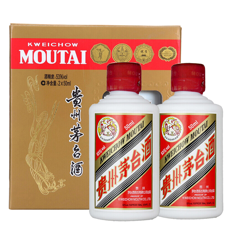 再降价 、百亿补贴、plus会员：茅台 飞天 酱香型白酒 53度 50ml*2 礼盒装 381.64