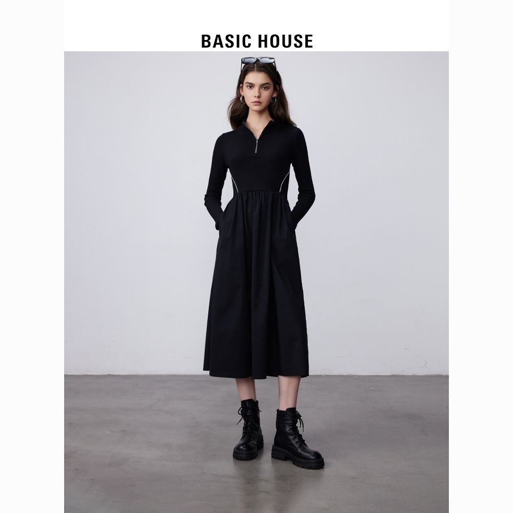 BASICHOUSE 百家好 Basic House/百家好小个子收腰大摆裙2023秋冬拼接立领针织连衣