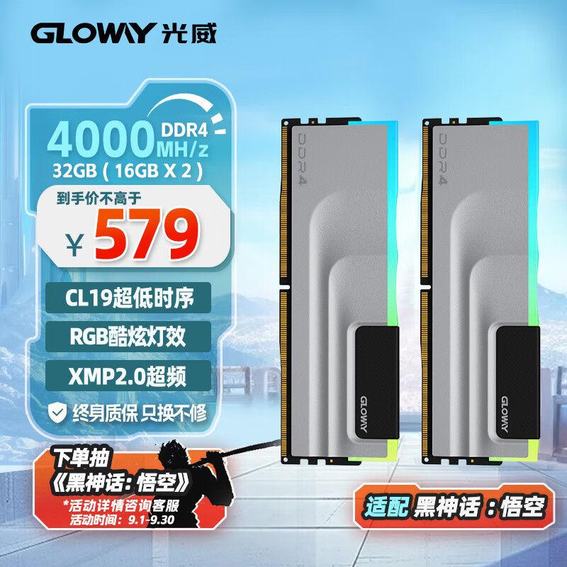 GLOWAY 光威 32GB(16GBx2)套装 DDR4 4000 台式机内存条 神武RGB系列 海力士CJR颗粒 496