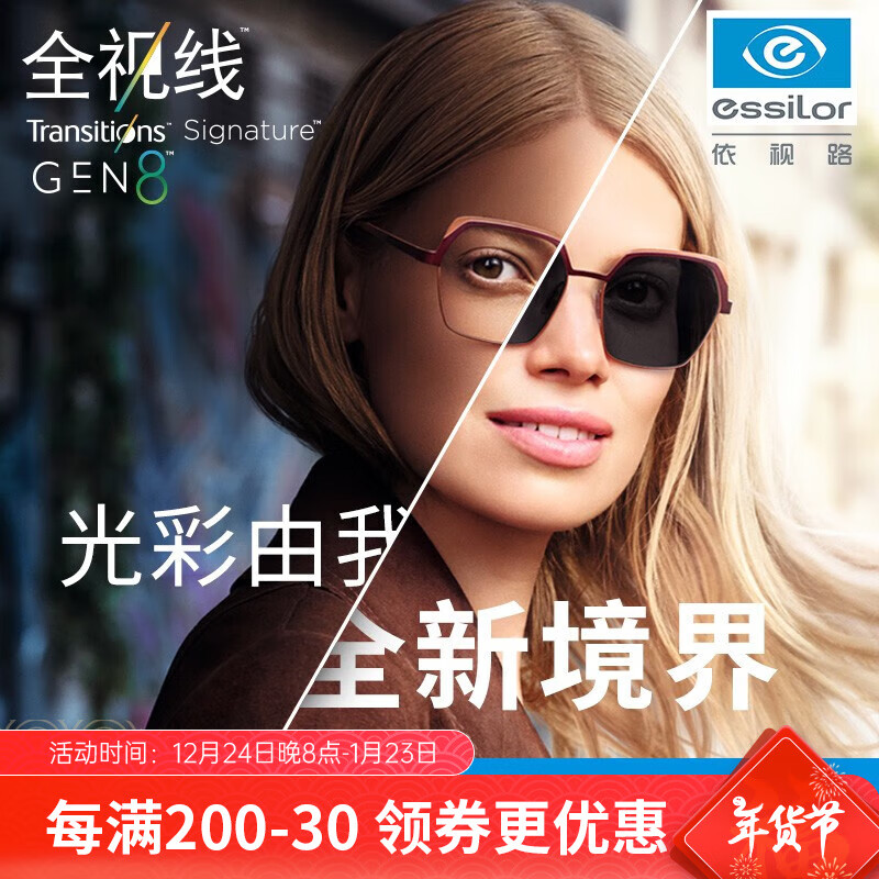 essilor 依视路 全视线变色镜片灰变定制片T8系列1.60折射率钻晶膜洁现片+钛框