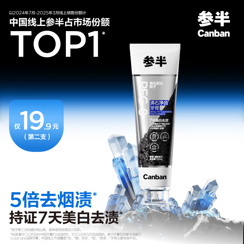 参半 沸石净齿牙膏 120g 18.85元(需买2件,需用券,实付37.9元)