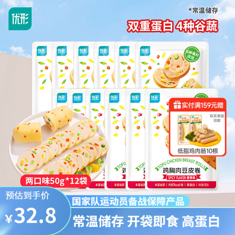 ishape 优形 鸡胸肉豆皮卷代餐健身轻卡 烧烤味6袋+香辣6袋*50g 27.54元（需用券