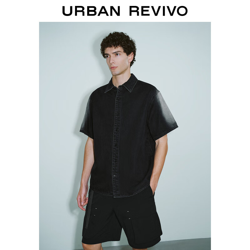 URBAN REVIVO UR2024秋季男装潮流洗水磨白宽松短袖牛仔衬衫UMV840073 深灰 M 279元