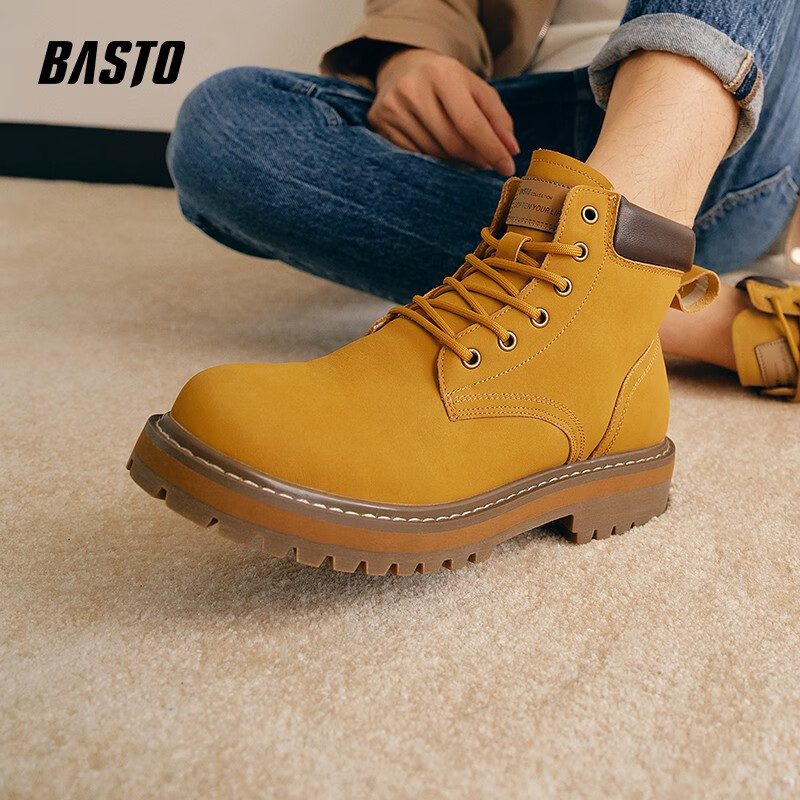 BASTO 商场同款时尚工装大黄靴马丁靴男短靴10105DD3 黄色/棕色 40 324.2元（需用