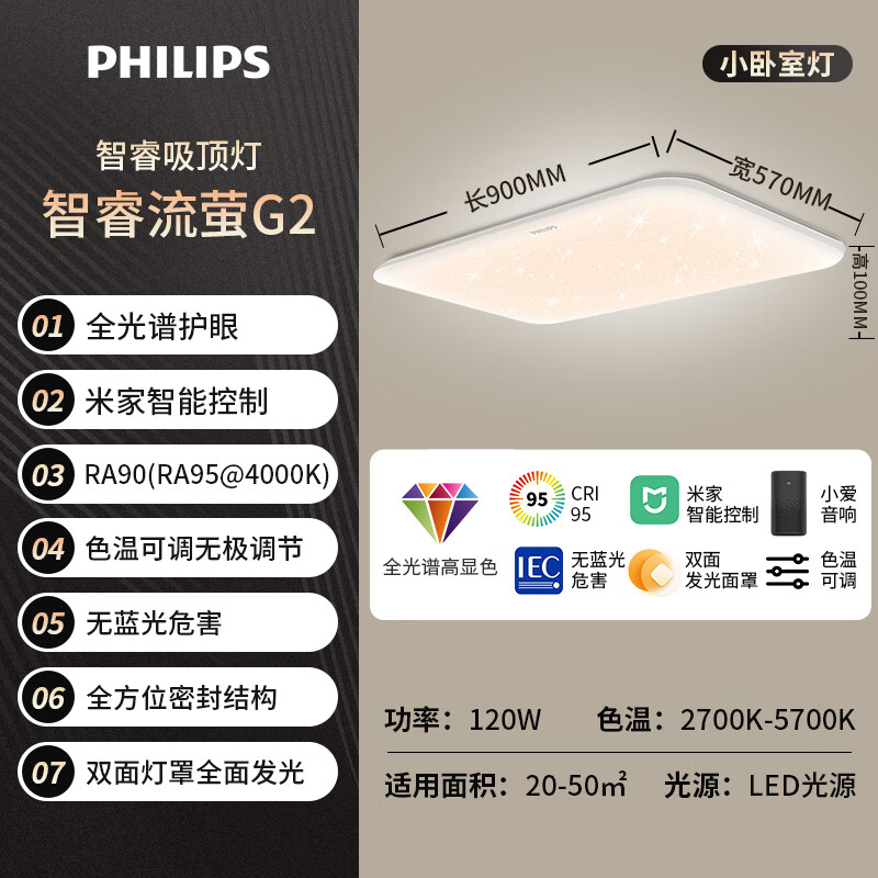 PHILIPS 飞利浦 智睿流萤系列全光谱护眼 LED客厅120W 694.93元（需用券）