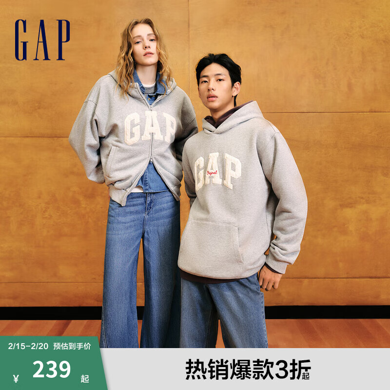 Gap 女装2024秋季碳素软磨抓绒字母logo连帽卫衣外套641221 浅灰 160/80A(S) 亚洲尺