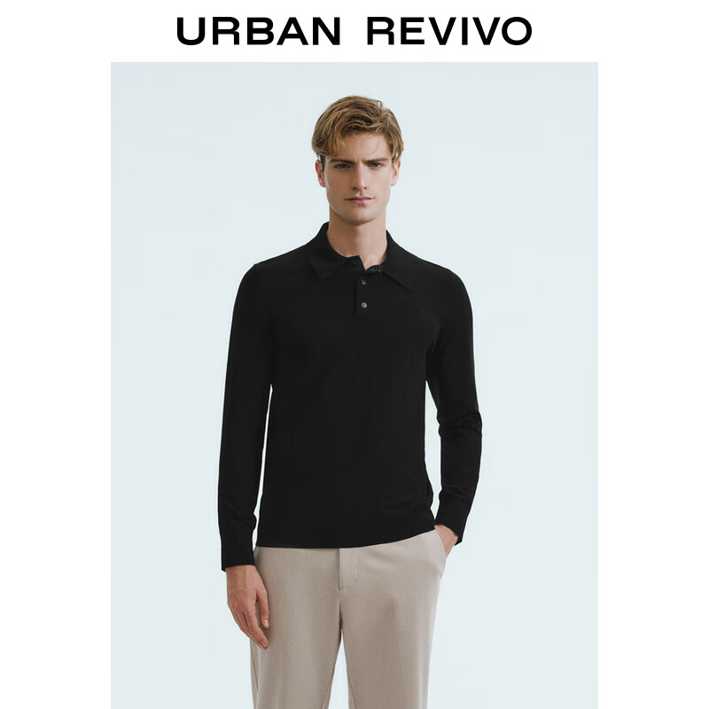 URBAN REVIVO UR2024秋季男装轻熟风干净感Polo领长袖针织衫UMU940023 黑色 S 379元（