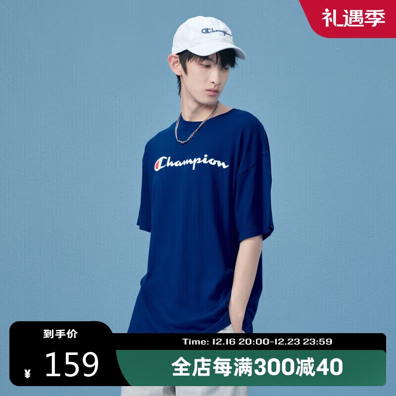 Champion 冠军短袖t恤男2024春夏短袖女运动圆领情侣上衣 M601蓝色 L 129元（需买