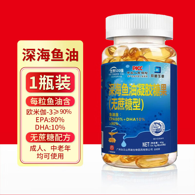 白云山 深海鱼油 广药集团无蔗糖型鱼肝油 90%高纯度欧米伽omega3 EPA80%DHA10% 60粒/瓶 27.55元