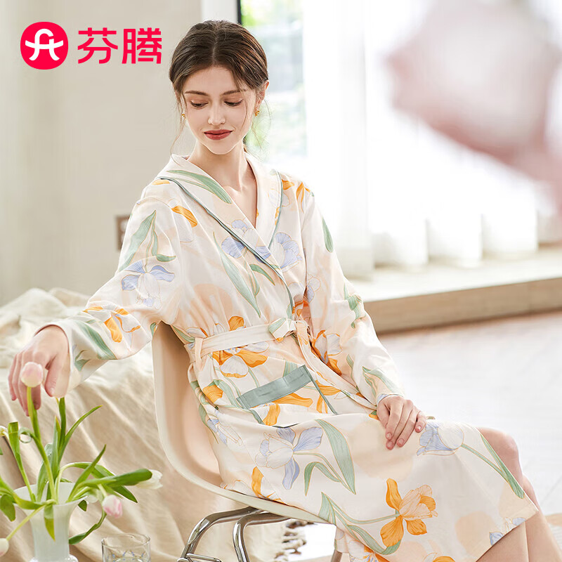 FENTENG 芬腾 睡袍女士纯棉花卉翻领可调节系带袍装家居服睡衣Q9J24790232 95.4元