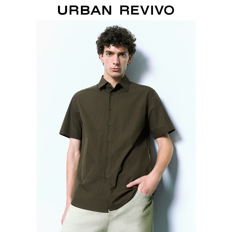 URBAN REVIVO UR2024秋季男装山系撞色拼接宽松短袖开襟衬衫UMF240066 深红棕 S 219