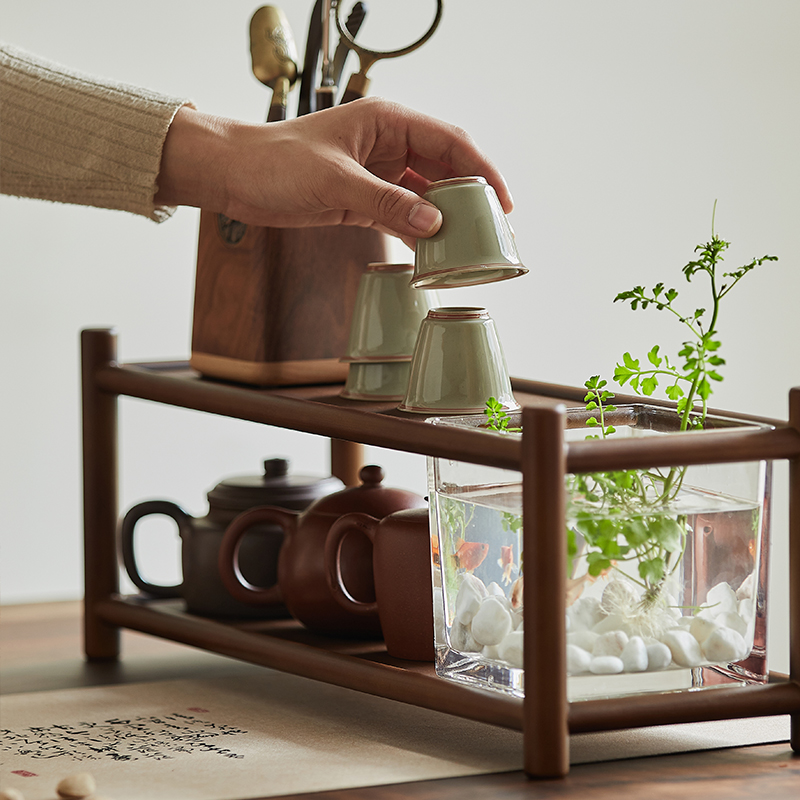 那澜多好 茶室装饰花几桌面迷你水培植物固定架多层茶杯架茶具收纳展示架