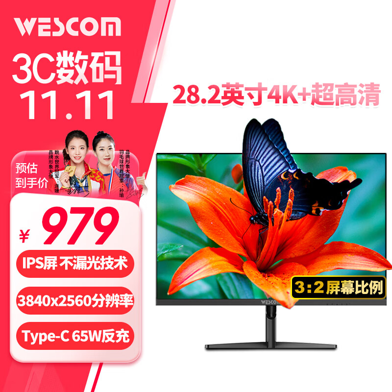 wescom 28.2英寸G1Pro 4K+超高清 不漏光IPS屏 97%P3电影级广色域 色域缩限 Type-C 65W 