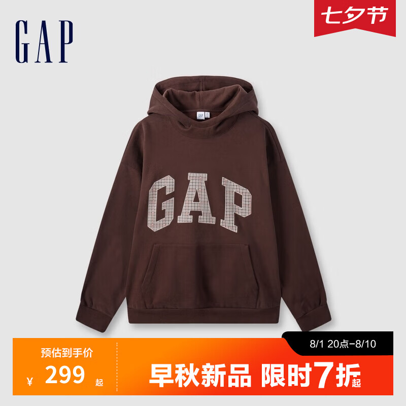 Gap 男女装碳素软磨抓绒格纹logo连帽卫衣上衣609221 棕色 XS (165/84A)