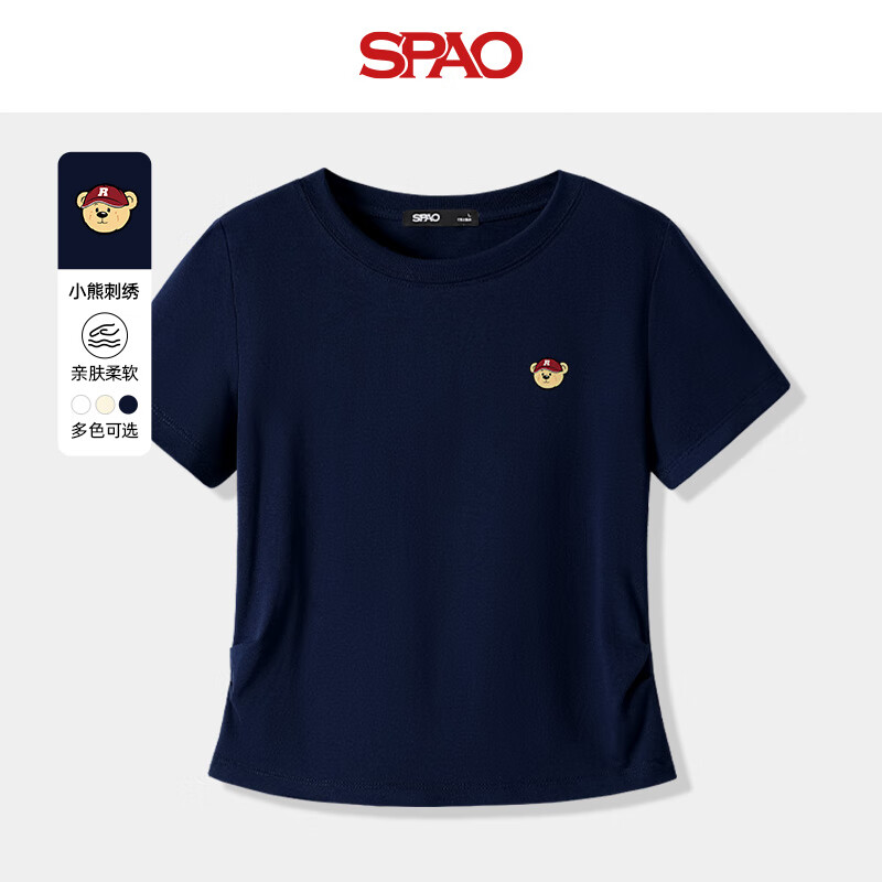 SPAO 韩国同款小熊t恤女夏季透气休闲圆领正肩短袖女SPDX25AT06LD 藏青#红帽子熊-贴布绣 L 44.5元(需买2件,共89元)