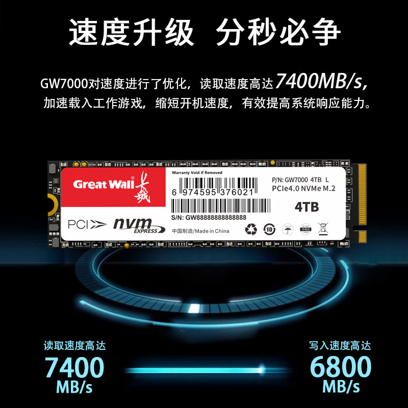 Great Wall 长城 GW7000 NVMe M.2 SSD固态硬盘 1TB（PCI-E 4.0） 579元