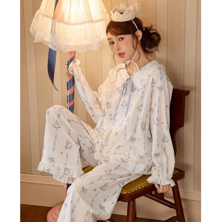 宫蝶 睡衣女纯棉爱丽丝梭织清新花边蝴蝶系带家居服 139元