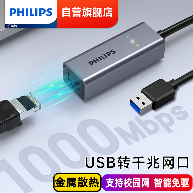 PHILIPS 飞利浦 USB转RJ45网线转接头有线网卡千兆外置网口转换器适用Mac笔记本