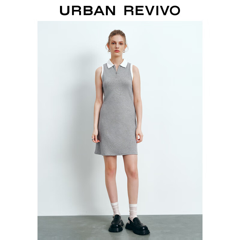 URBAN REVIVO UR2024秋季女装潮流氛围感撞色修身无袖连衣裙UYU740001 浅灰花灰 L 24