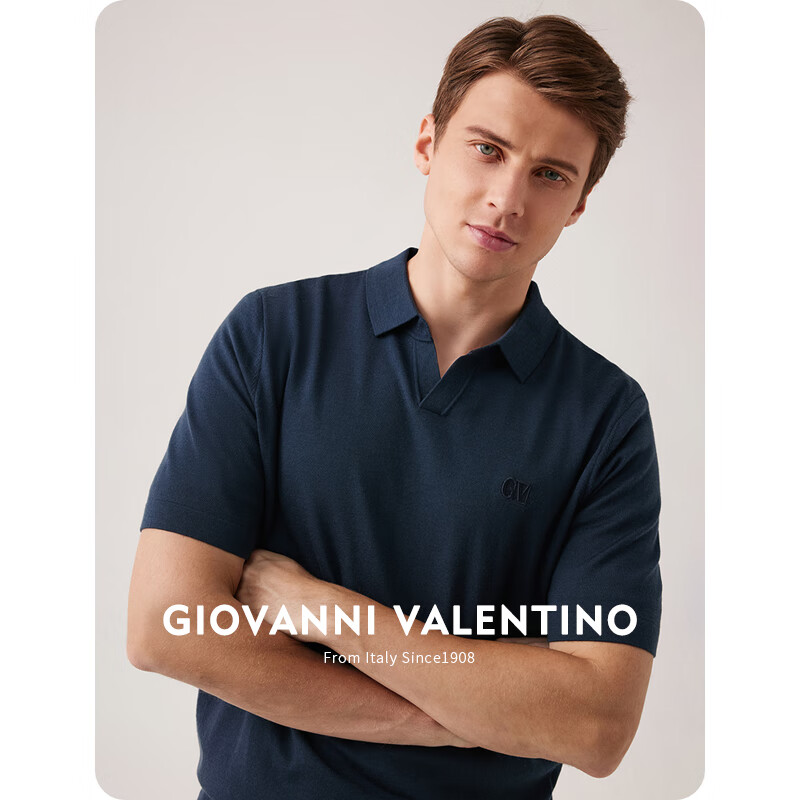 VALENTINO 华伦天奴 GIOVANNI VALENTINO 男士纯绵羊毛衫螺纹半袖高弹毛衣休闲翻领