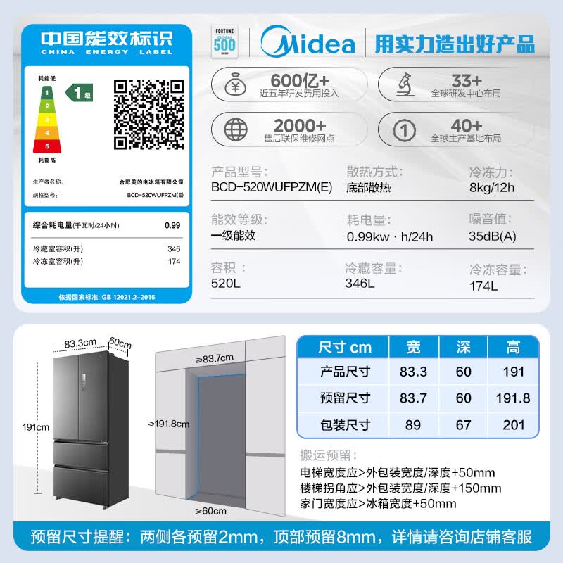 美的 小机皇安睡系列520升法式多门冰箱零嵌双系统2.0除菌净味大容量幻影砂BCD-520WUFPZM 3119.44元 - 清风线报