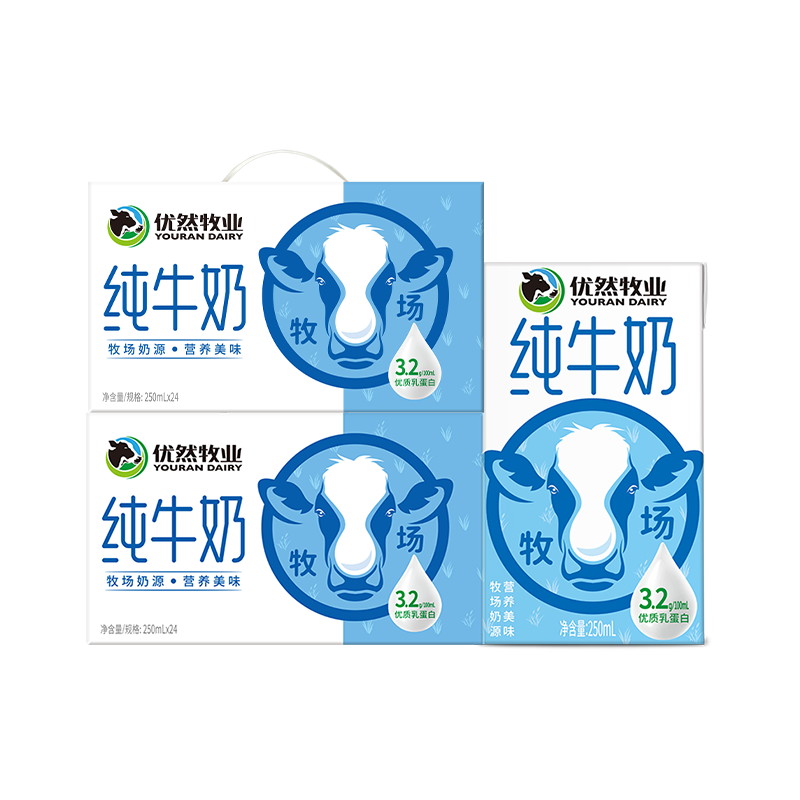 微信小程序：优然牧业 纯牛奶 250ml*24盒*2提 59.8元（需领券，折1.25元/盒）