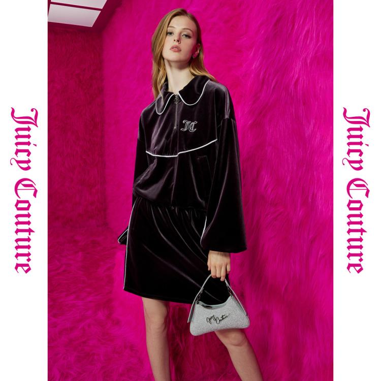 Juicy Couture 橘滋 紫夜星点logo刺绣丝绒翻领女式卫衣 214元