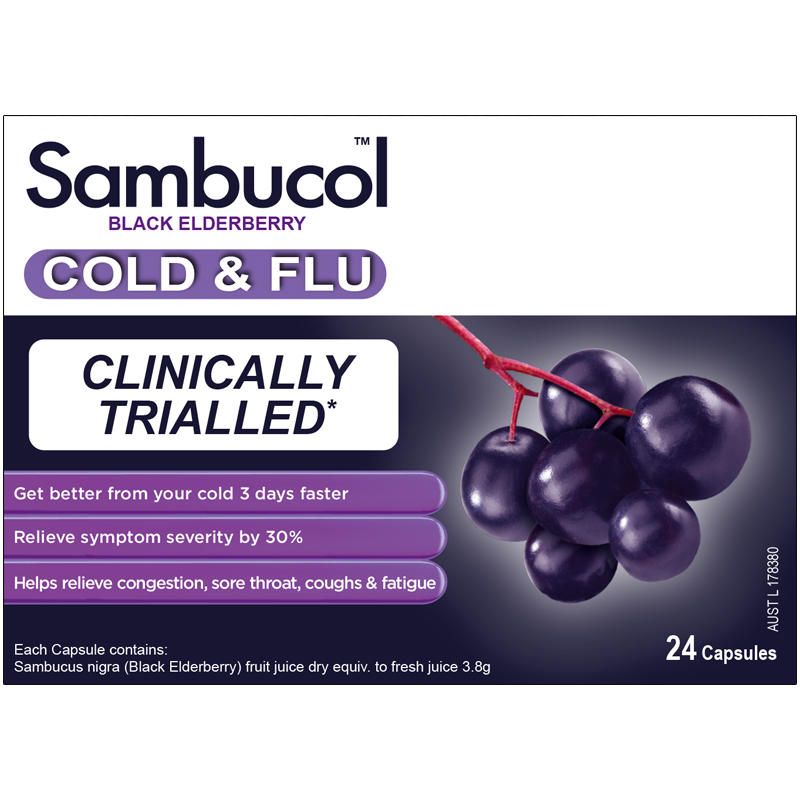 Sambucol 澳洲进口Sambucol小黑果黑接骨木莓成人保健增免疫力感冒胶囊24粒 98.6