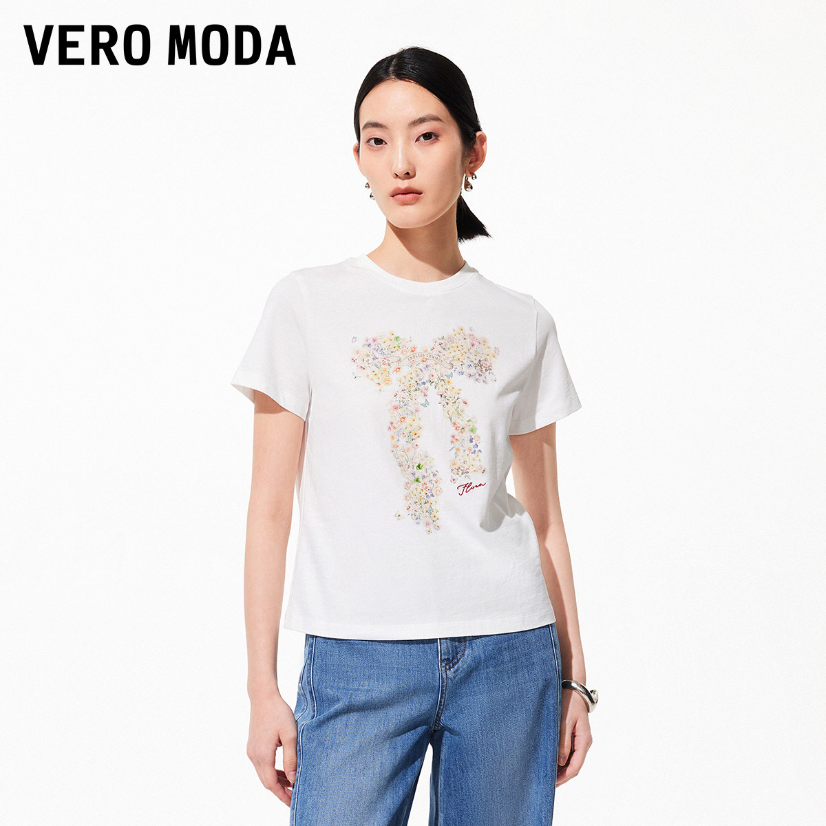 移动端：VERO MODA T恤女2026夏季新款纯棉正肩印花短袖上衣百搭简约 119元（淘