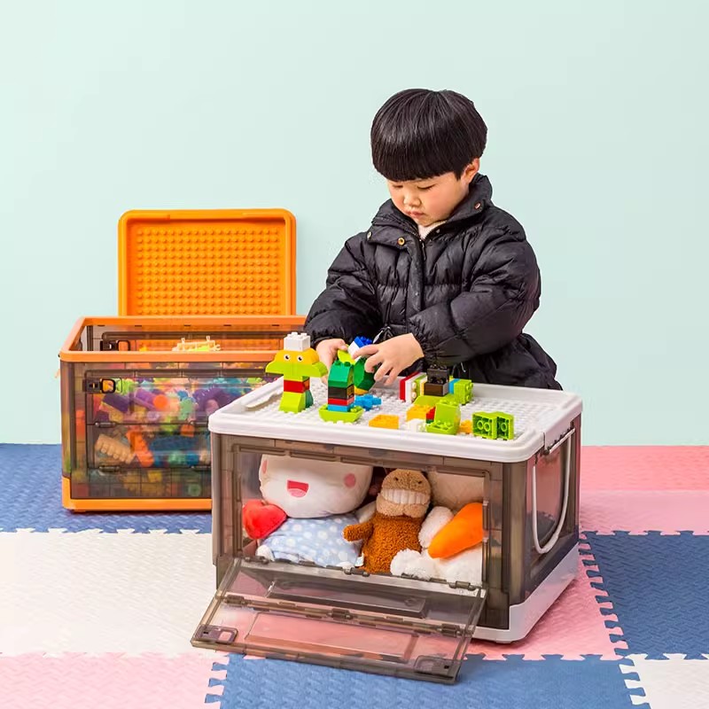 聚可爱 儿童乐高收纳箱筐客厅玩具积木整理储物盒神器可折叠侧开门透明柜