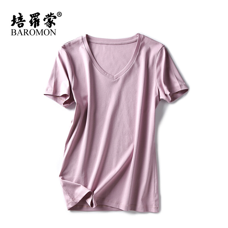BAROMON 培罗蒙 女士T恤 丝光棉t恤女高支短袖纯色凉感纯棉T恤V领打底衫 粉紫