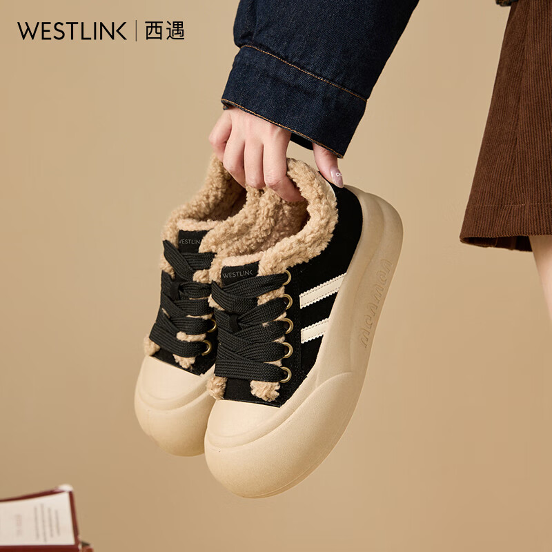 WESTLINK 西遇 保暖加绒厚底毛毛鞋 黑色 36 (230) 97.96元（需用券）