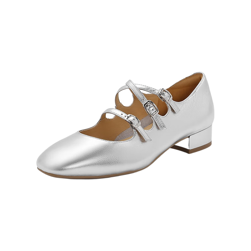 百丽 方头玛丽珍鞋女24春季真皮三条带两穿单鞋BR404AQ4 银色 39 499元