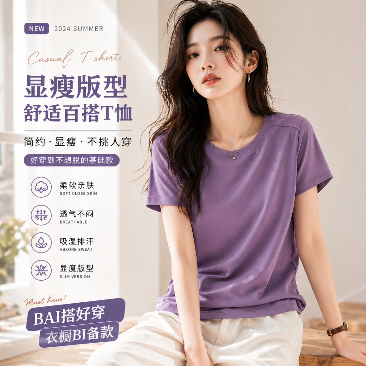 勋阳宇乐 液氨丝t恤光棉正肩短袖T恤 霞光紫 107.9元（需用券）