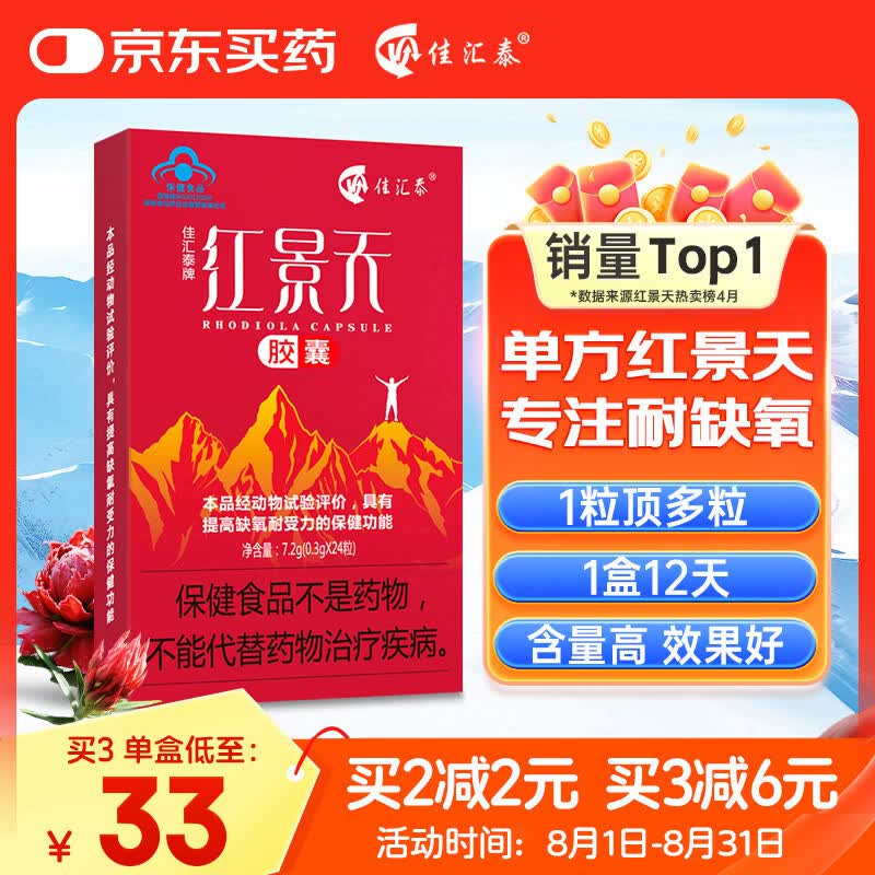 佳汇泰 红景天胶囊高原反应药房缺氧西藏高反24粒12天搭葡萄糖口服液 33.3元